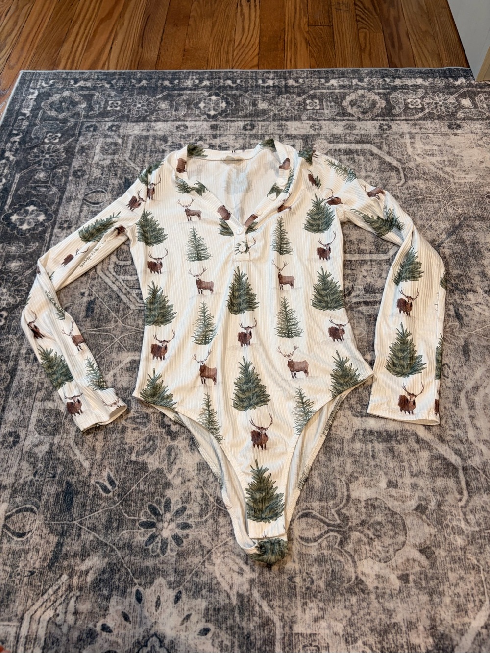 NanaMacs Cream Ribbed Long-Sleeve Bodysuit with Green Tree & Brown Deer Motif